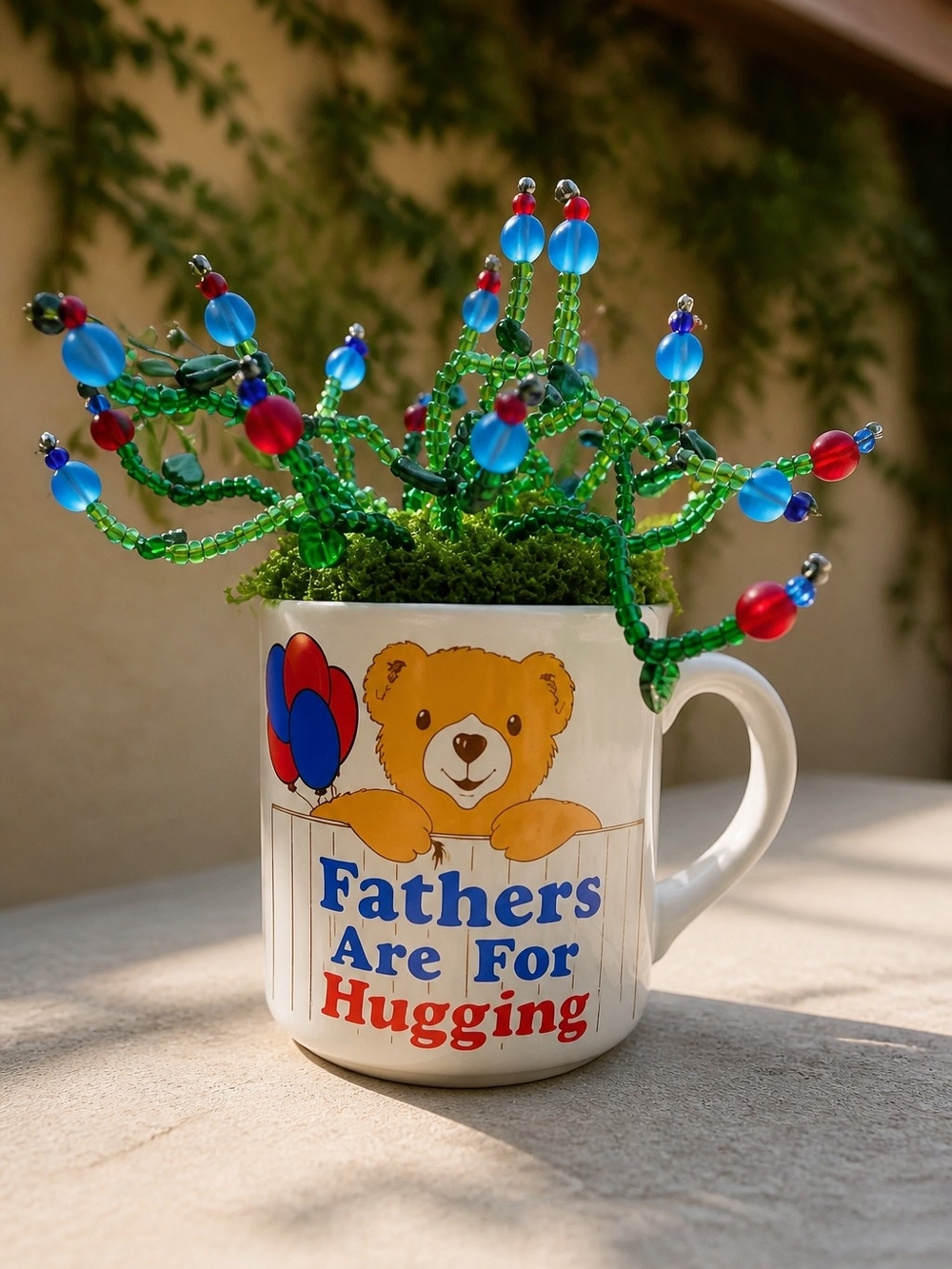 Fathers Are For Hugging Teddy Bear Mug - With Blue And Red Glass Beaded Plant